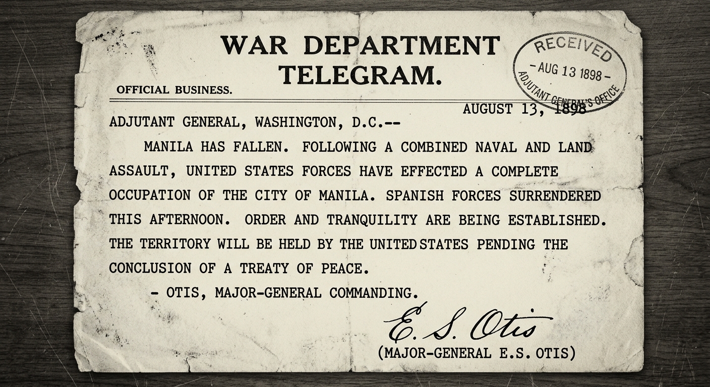 Black-and-white telegram-style document dated August 13, 1898 reporting U.S. control of Manila pending a peace treaty, with a received stamp and signature line.