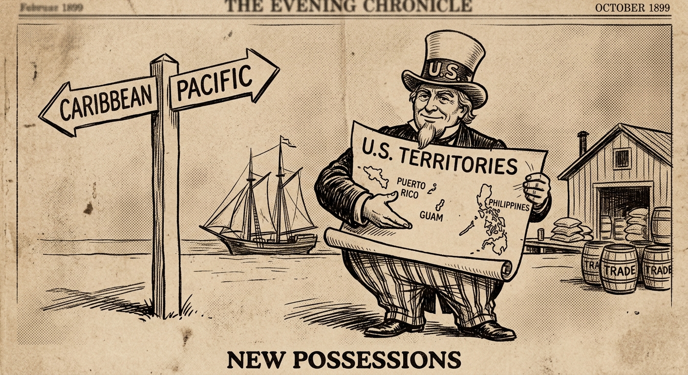 Sepia-toned 1899-style political cartoon labeled “New Possessions” showing the United States holding a map with Puerto Rico, Guam, and the Philippines, with signposts to the Caribbean and Pacific.