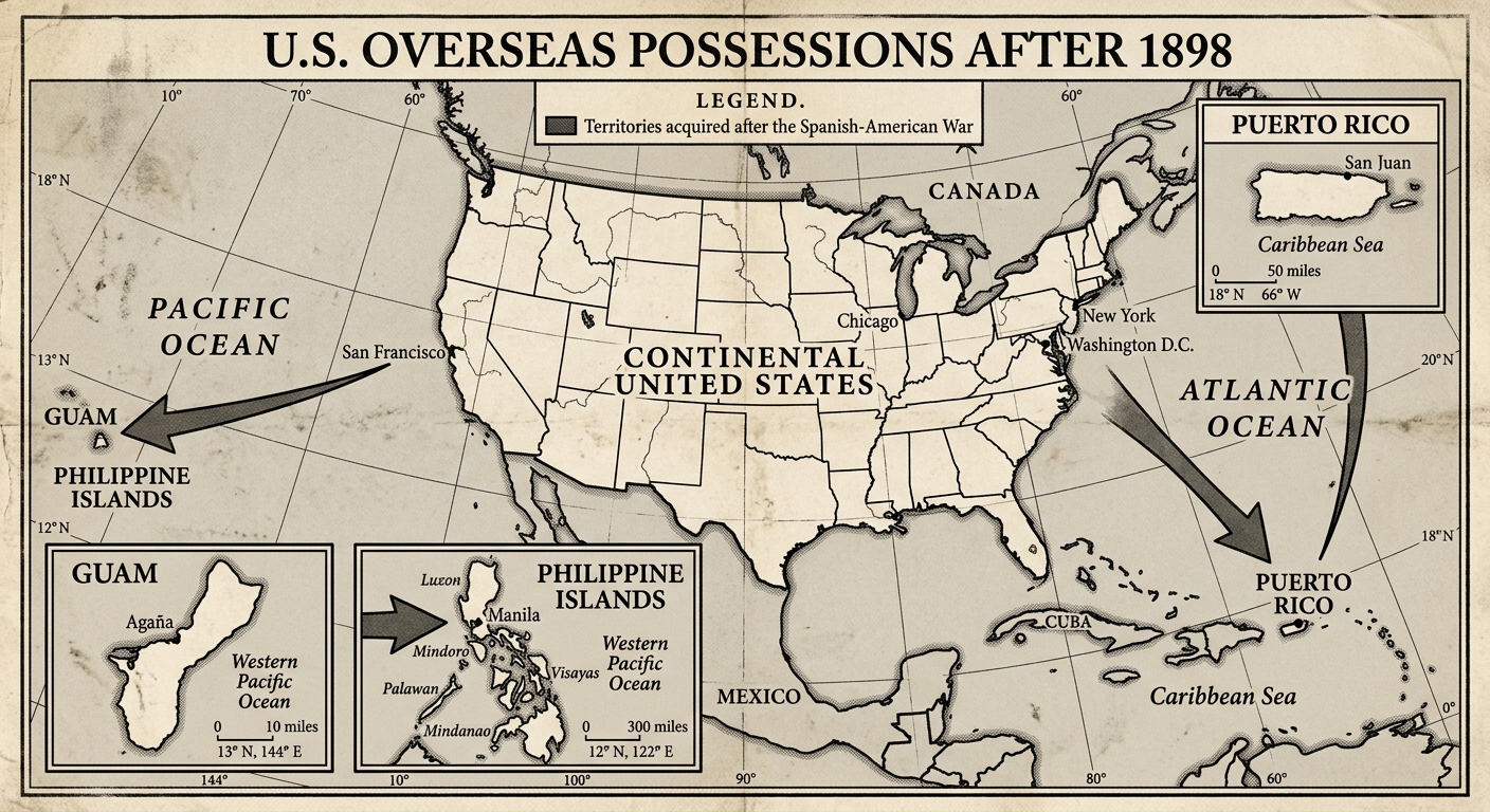 Black-and-white newspaper-style map titled “U.S. Overseas Possessions After 1898” showing insets of Puerto Rico, Guam, and the Philippines with arrows from the United States to the Caribbean and Pacific.