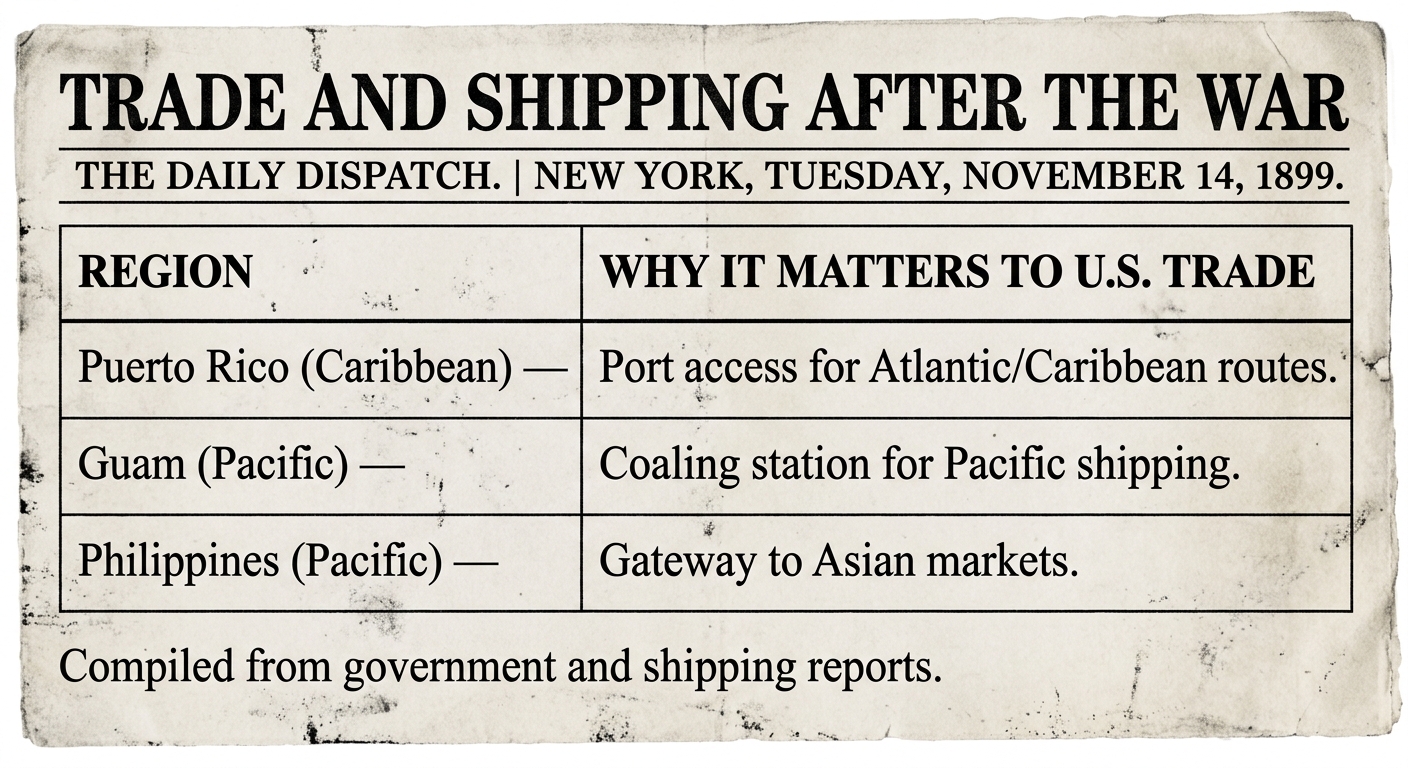 Black-and-white 1899-style newspaper table titled “Trade and Shipping After the War” listing Puerto Rico, Guam, and the Philippines and explaining their trade and shipping importance.