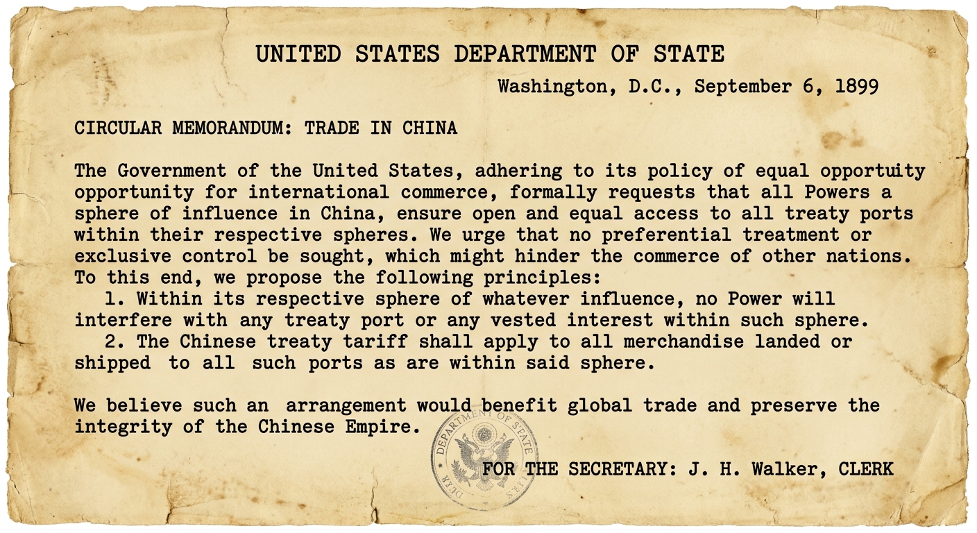 A sepia-toned U.S. Department of State circular memorandum dated September 6, 1899, titled “Trade in China,” asking other powers to allow equal access for trade and avoid exclusive control of ports.