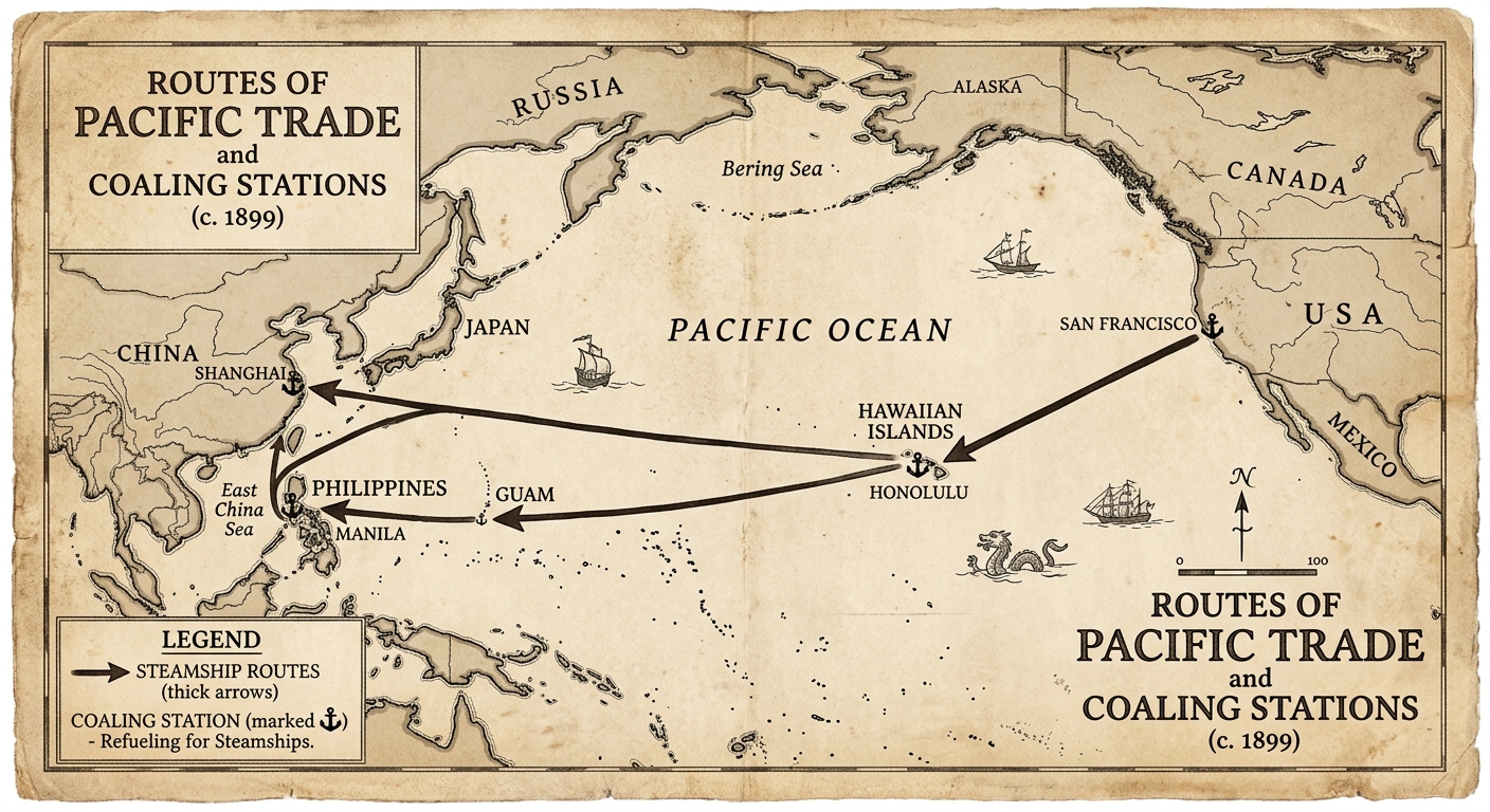A vintage-style map titled “Routes of Pacific Trade and Coaling Stations (c. 1899)” showing arrows from San Francisco to Hawai‘i and onward to Asia, with labeled locations including Honolulu, Manila, and Shanghai.