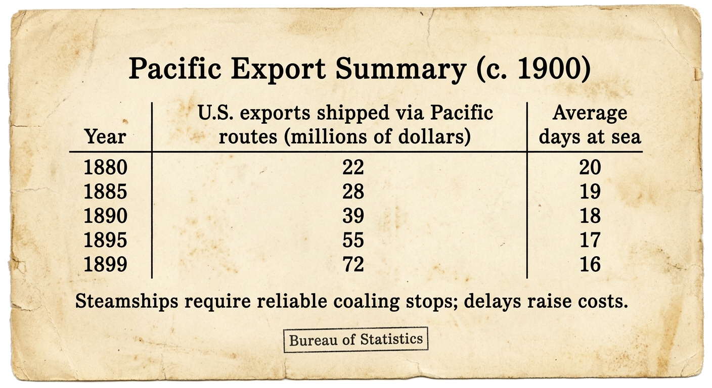 A vintage-style table titled “Pacific Export Summary (c. 1900)” showing U.S. exports shipped via Pacific routes increasing from 1880 to 1899, with a note that steamships need reliable coaling stops and delays raise costs.