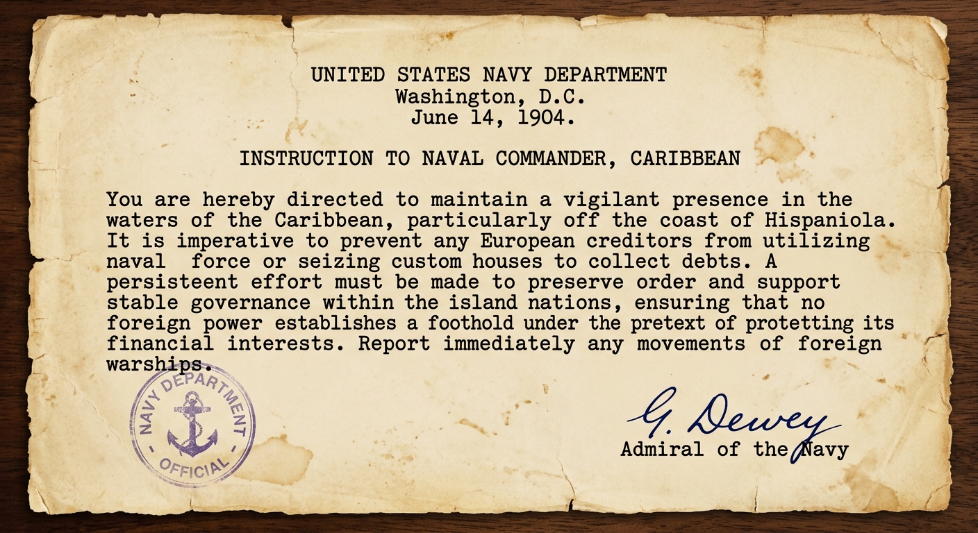 Facsimile of a 1904 typed U.S. Navy Department instruction memo about preventing European intervention in the Caribbean.