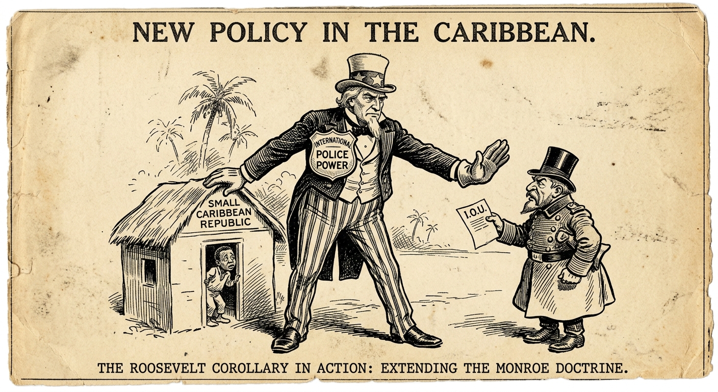 Facsimile 1904 newspaper political cartoon about the Monroe Doctrine and Roosevelt Corollary in the Caribbean.