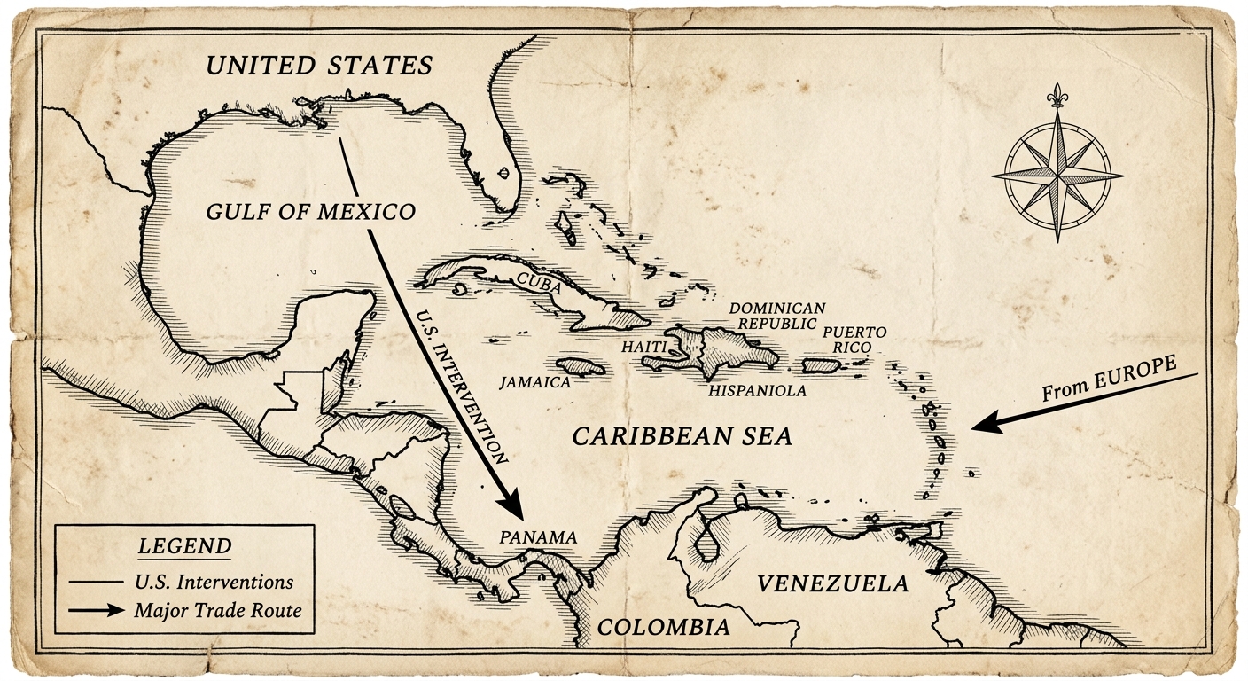 Black-and-white facsimile map of the Caribbean and Central America (circa 1904) with labeled places and arrows indicating European involvement and U.S. intervention.