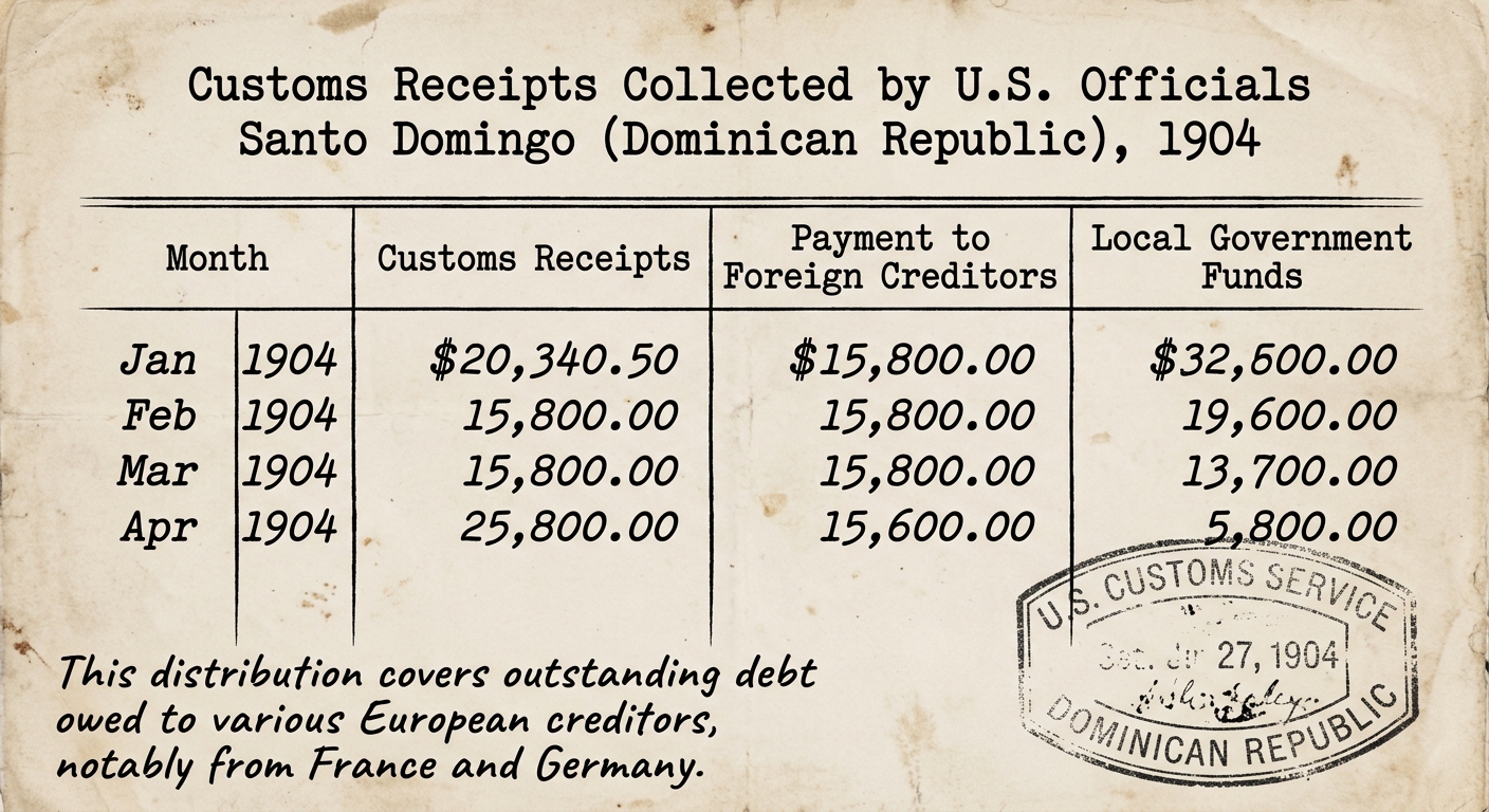 Facsimile 1904 ledger table showing customs receipts in Santo Domingo and payments to foreign creditors.