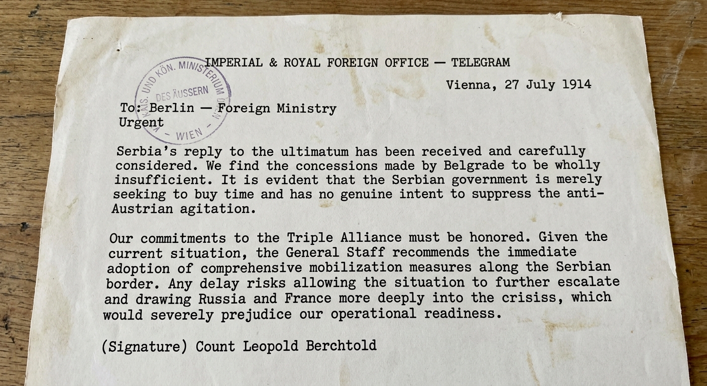A typed diplomatic telegram dated July 27, 1914, from Vienna to Berlin discussing alliance commitments and mobilization during a European crisis.