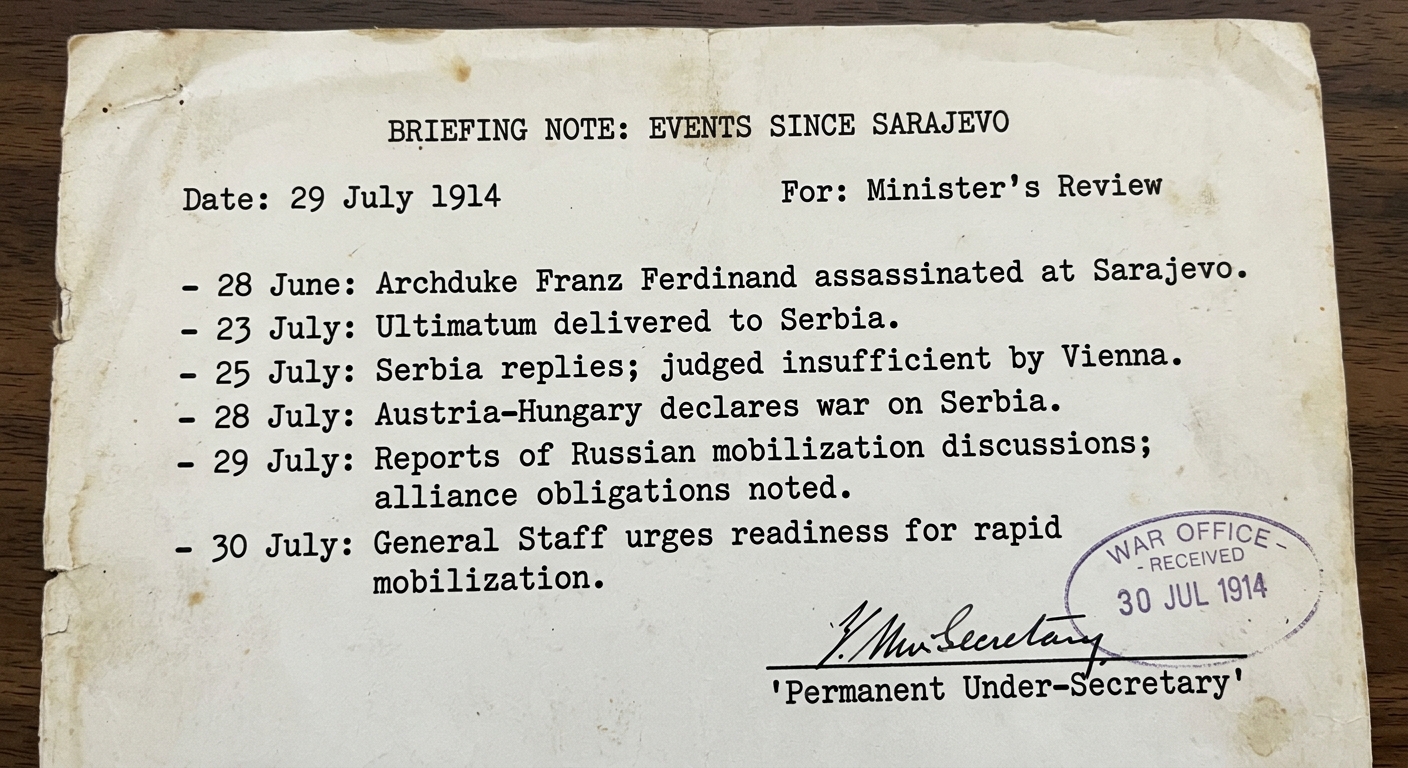 A July 29, 1914 typed briefing note with a dated timeline of events from the Sarajevo assassination through declarations of war and mobilization discussions.