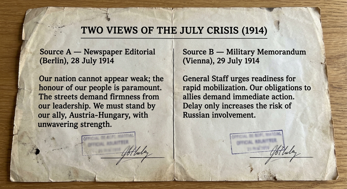 A one-page document showing two short excerpts from July 1914: a newspaper editorial from Berlin and a military memorandum from Vienna, offering different views of the July Crisis.