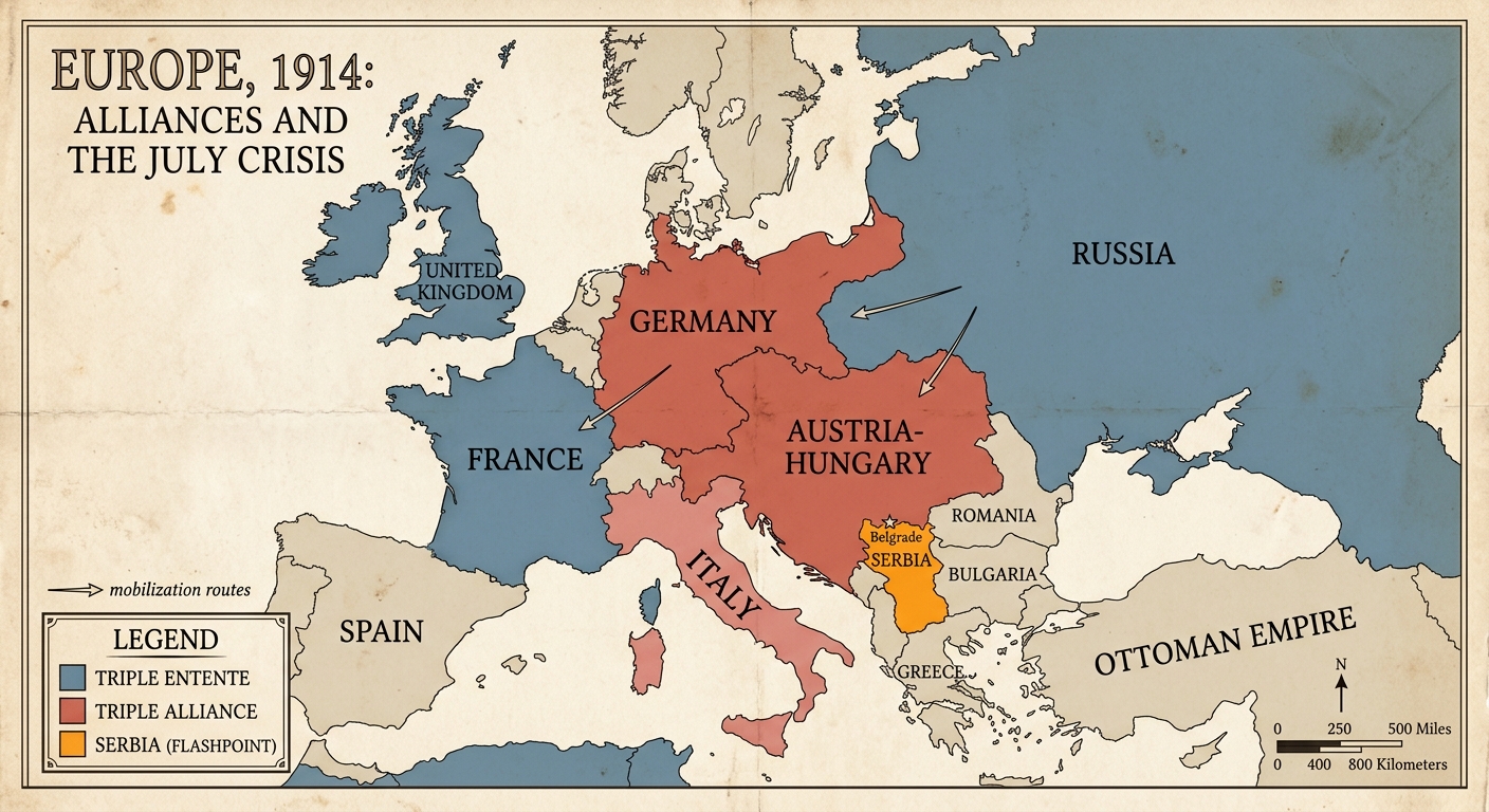 A simplified 1914 map of Europe showing major powers, alliance groupings, Serbia highlighted, and arrows suggesting mobilization routes during the July Crisis.