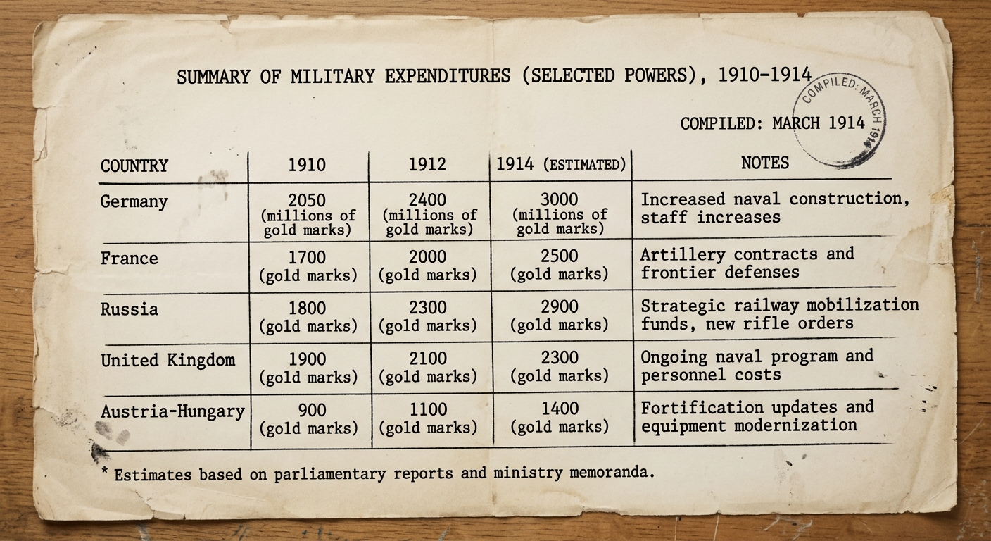 A March 1914 table summarizing estimated military expenditures from 1910 to 1914 for several European powers, showing rising spending and notes about armaments programs.