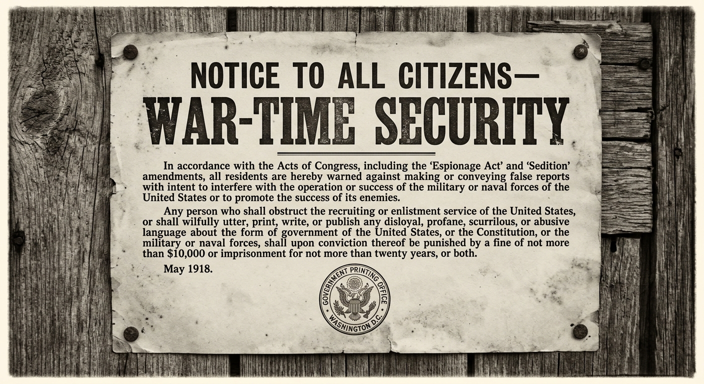 A sepia-toned 1918-style U.S. notice poster warning citizens that disloyal speech can be punished under wartime laws.