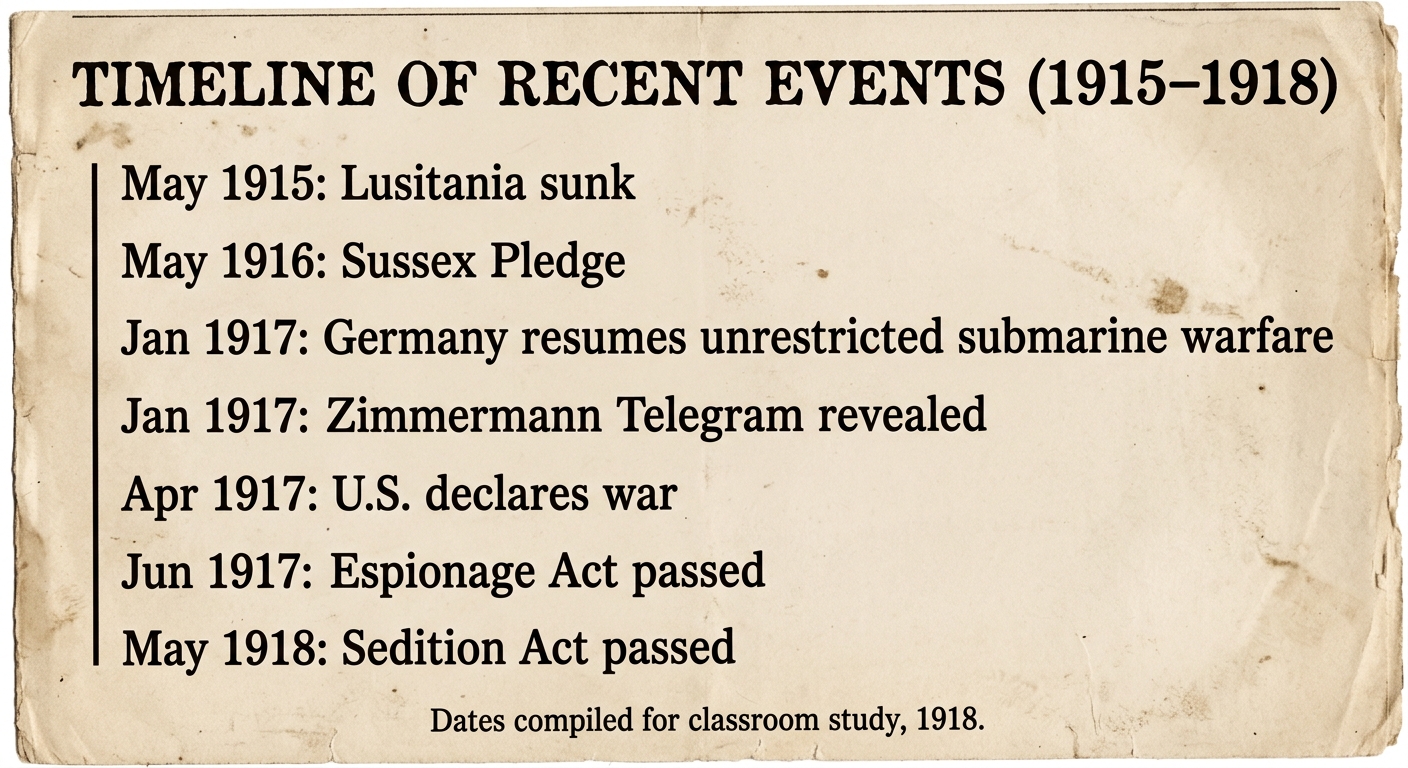 A sepia-toned timeline document listing key 1915–1918 events leading to U.S. entry into World War I and later wartime laws.
