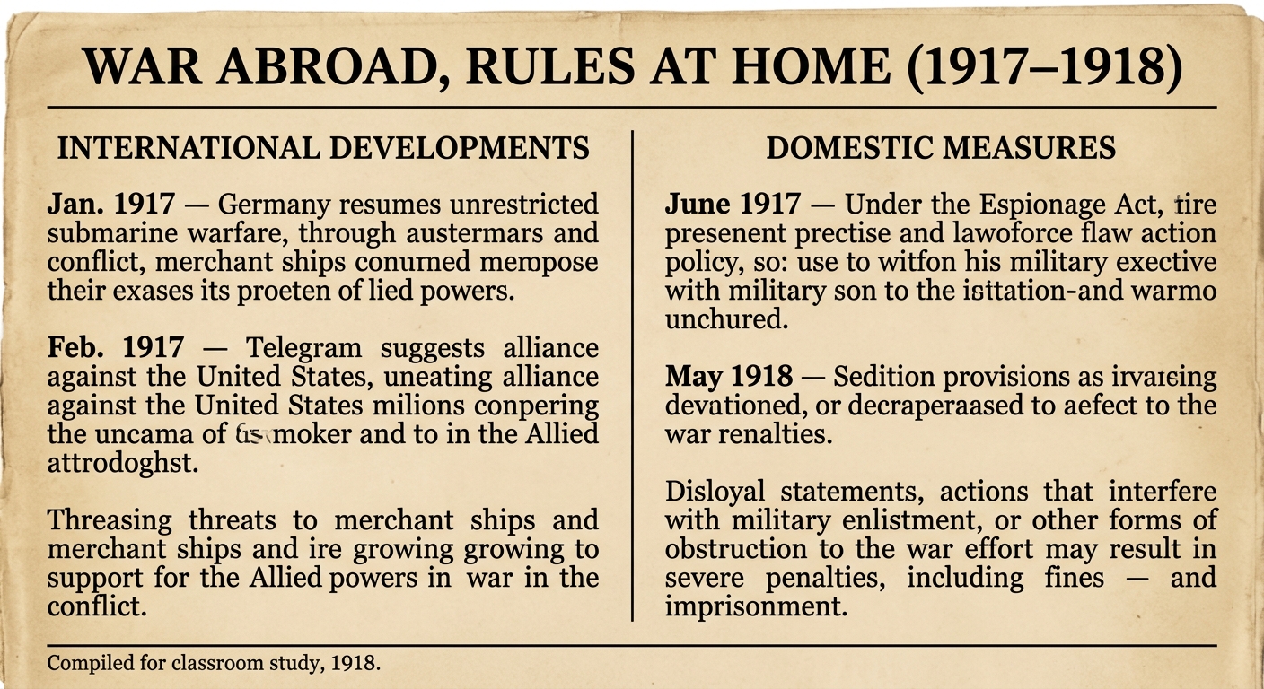 A sepia-toned two-column 1918-style document comparing international war developments with domestic wartime restrictions on speech.