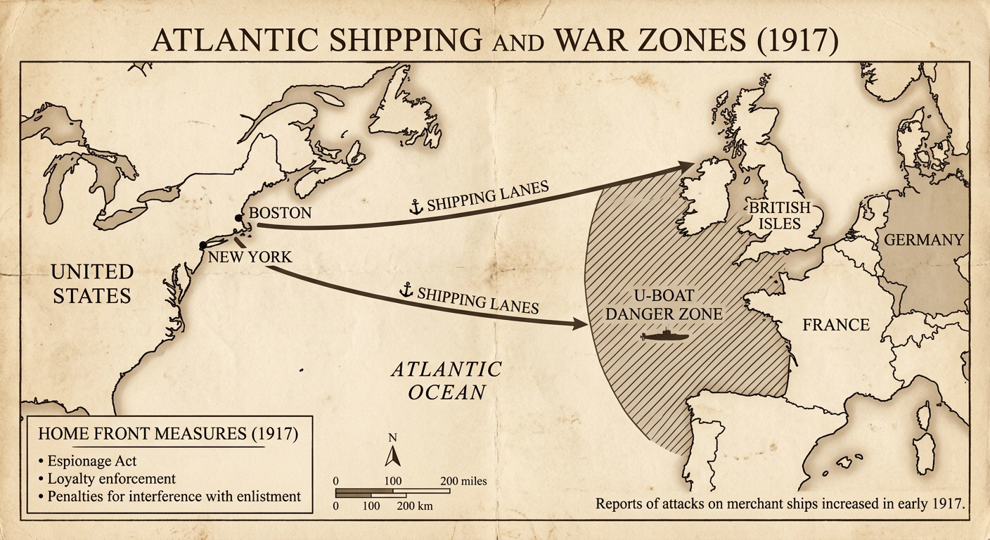 A sepia-toned 1917-style Atlantic map showing U-boat danger zones along shipping routes between the United States and Europe, with an inset about wartime home-front measures.