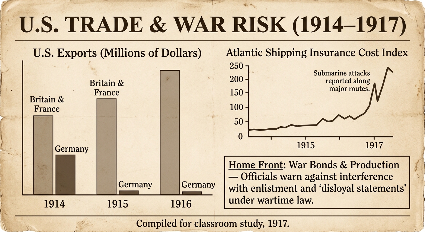 A sepia-toned 1917-style economic infographic showing rising U.S. trade with Britain and France, falling trade with Germany, higher shipping insurance costs, and a home-front note about wartime rules.