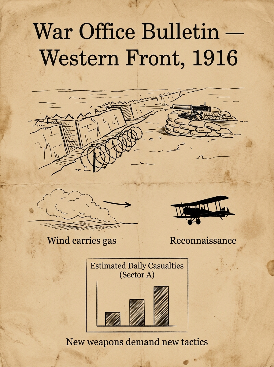 Fictional 1916 World War I military bulletin on aged paper showing a trench sketch, a gas cloud diagram, a biplane silhouette, and a small casualty bar chart, titled 'War Office Bulletin — Western Front, 1916'.