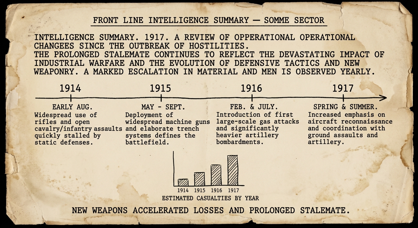Fictional World War I intelligence summary on aged paper with a 1914–1917 timeline of battlefield technologies and a bar chart showing estimated casualties increasing each year.