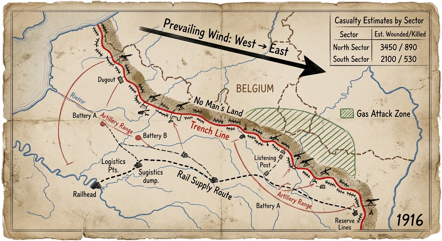 Fictional 1916 Western Front operations map on aged paper showing a trench line, no man’s land, rail supply route, artillery range arcs, a west-to-east wind arrow, a shaded gas attack zone, and a small casualty-by-sector table.