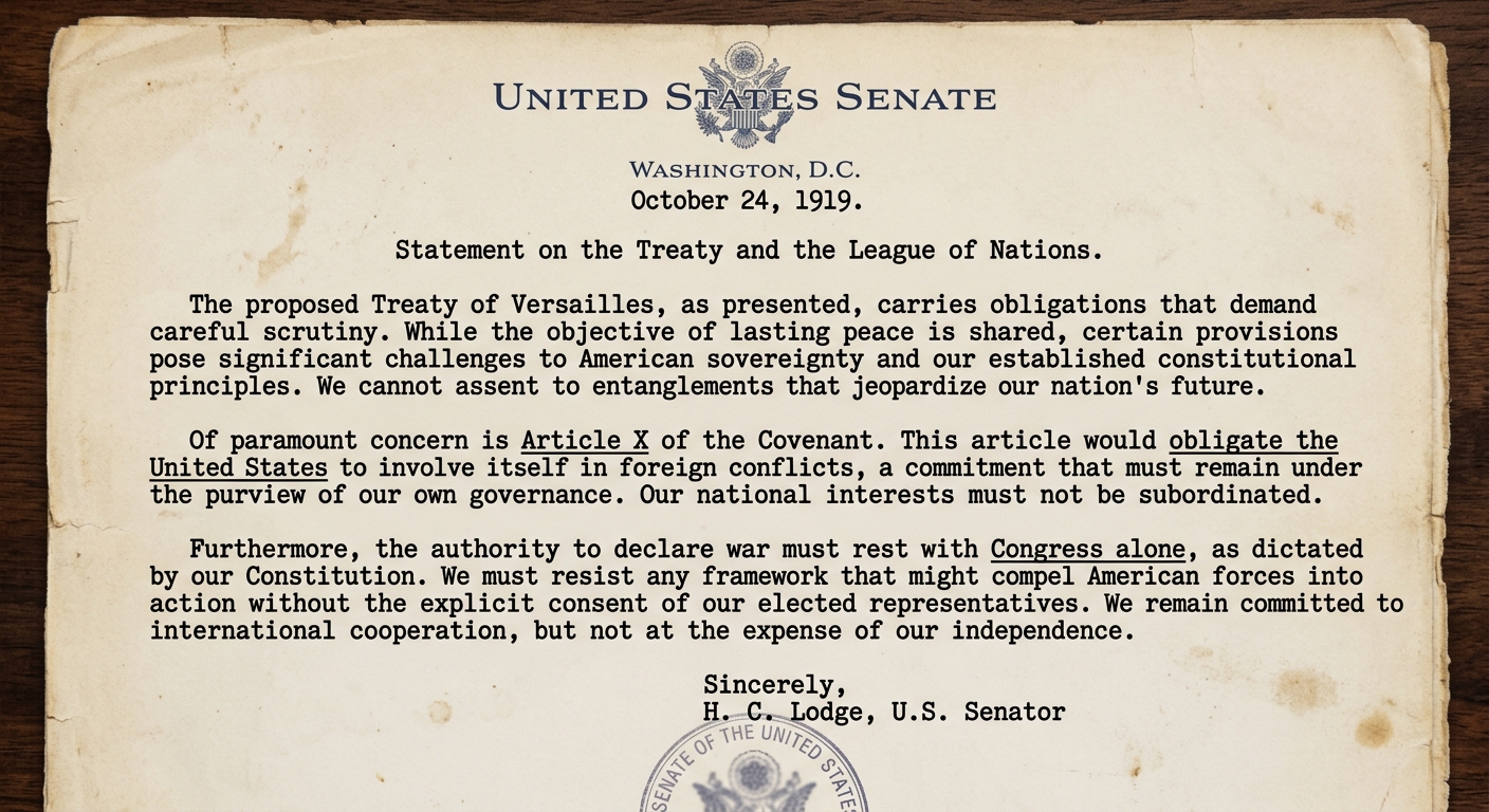 Aged paper document dated 1919 with U.S. Senate letterhead and a typed statement warning that the League of Nations could obligate the United States to act without Congress’s choice; signed by a U.S. senator.