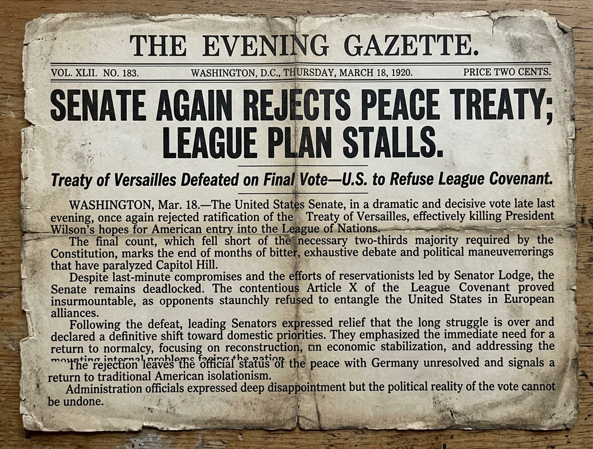 Black-and-white newspaper clipping dated 1920 reporting that the U.S. Senate did not approve the Treaty of Versailles and that plans for joining the League of Nations stalled after months of debate.
