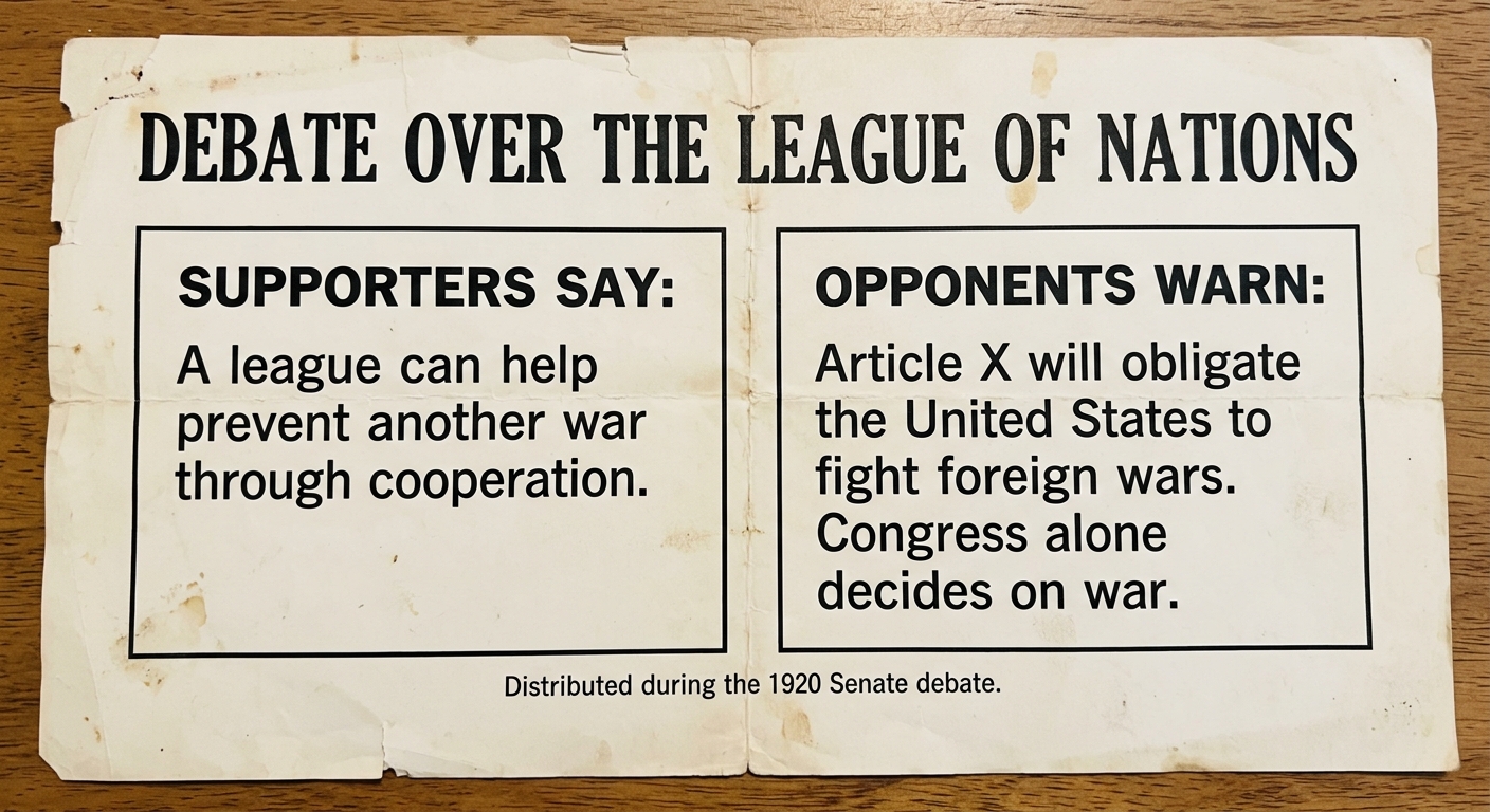 Aged 1920 campaign handbill titled “Debate Over the League of Nations,” showing two boxed quotations: one supporting international cooperation to prevent war and one warning that Article X could obligate the United States without Congress’s choice.