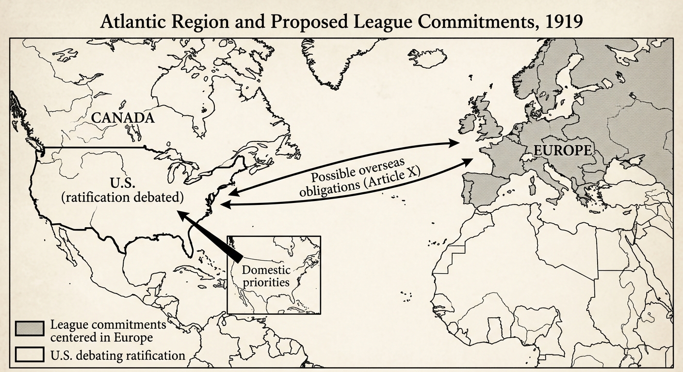 Black-and-white 1919 Atlantic-centered map showing the United States and Europe, with Europe shaded as the focus of League commitments and arrows across the Atlantic labeled possible overseas obligations under Article X; the U.S. is labeled as debating ratification and an inset points to domestic priorities.