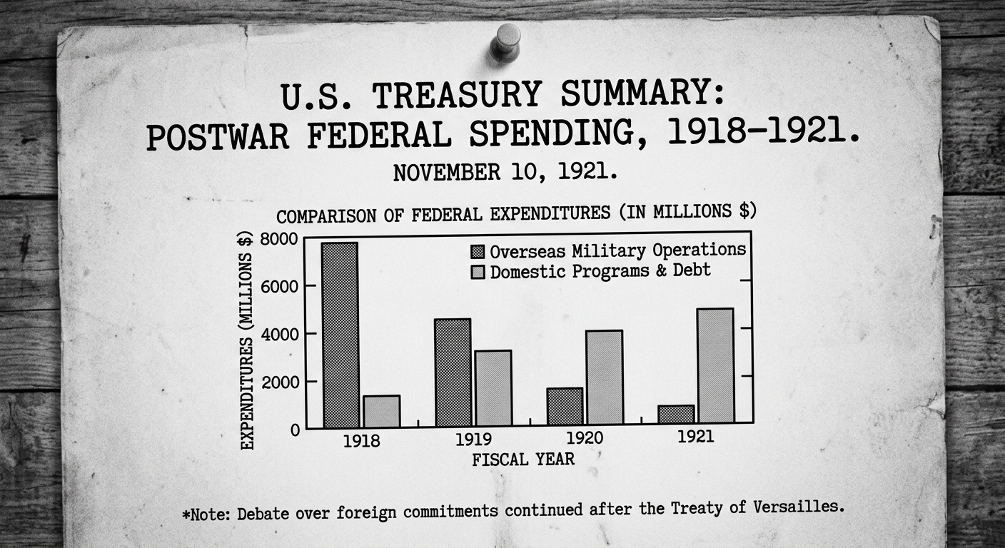 Black-and-white 1921 Treasury-style bulletin with a bar chart showing overseas military spending decreasing from 1918 to 1921 while domestic programs and war-debt costs increase after World War I.
