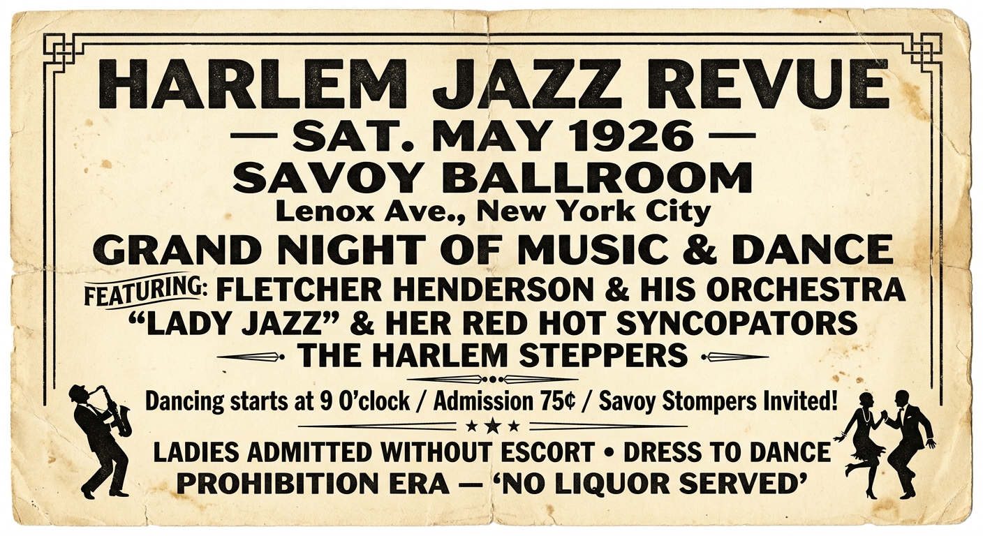 Aged-paper 1926 Harlem Jazz Revue flyer for a New York City ballroom, with text about jazz music, a May 1926 date, and a note that ladies are admitted without an escort. Decorative border and small silhouettes of a saxophonist and dancers.