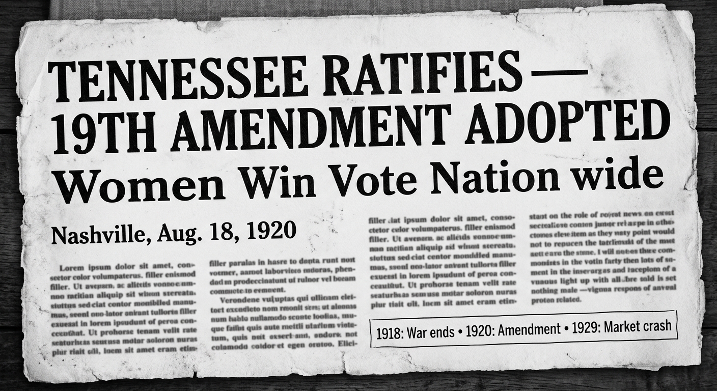 Black-and-white 1920 newspaper clipping dated August 18, 1920, with the headline that the 19th Amendment has been adopted and women win the vote nationwide. The paper looks old with small columns of text and a small note listing key years 1918, 1920, and 1929.