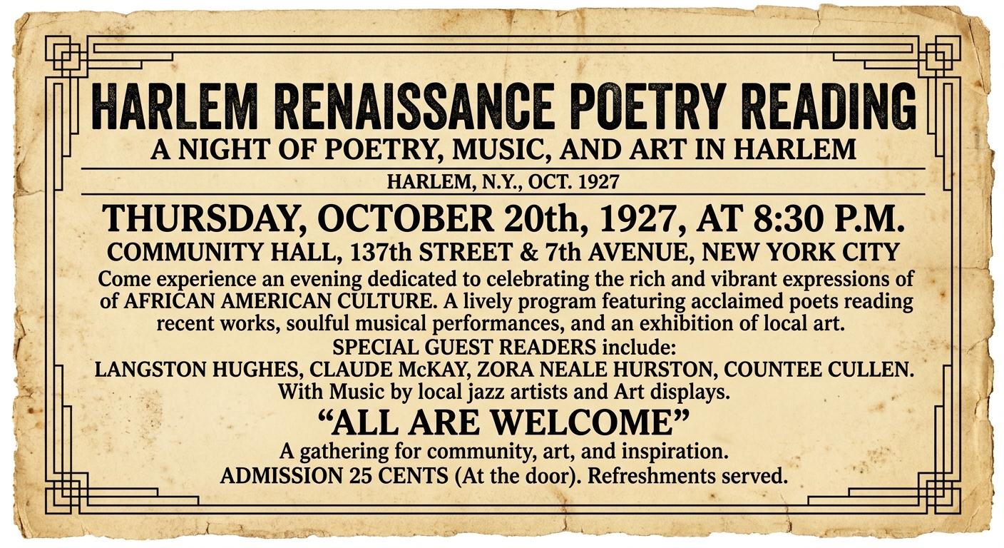 Aged-paper 1927 newspaper advertisement for a Harlem poetry reading in New York City, dated October 1927, mentioning poetry, music, and art celebrating African American culture, with a decorative border and small columns of text.