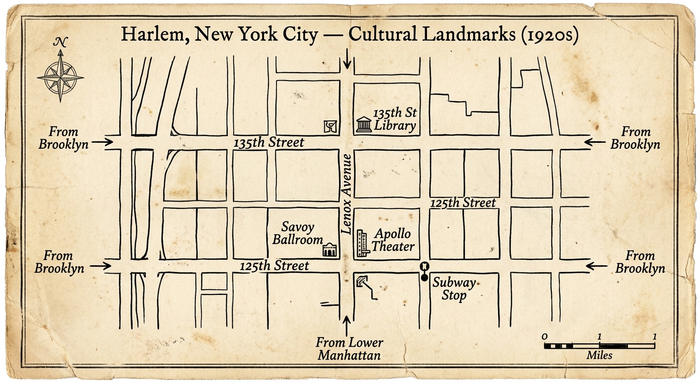 Aged-paper 1925 map titled "Harlem, New York City — Cultural Landmarks (1920s)" showing a simple street grid with labeled sites like the Savoy Ballroom and a library, plus a compass rose and arrows showing people traveling to Harlem.