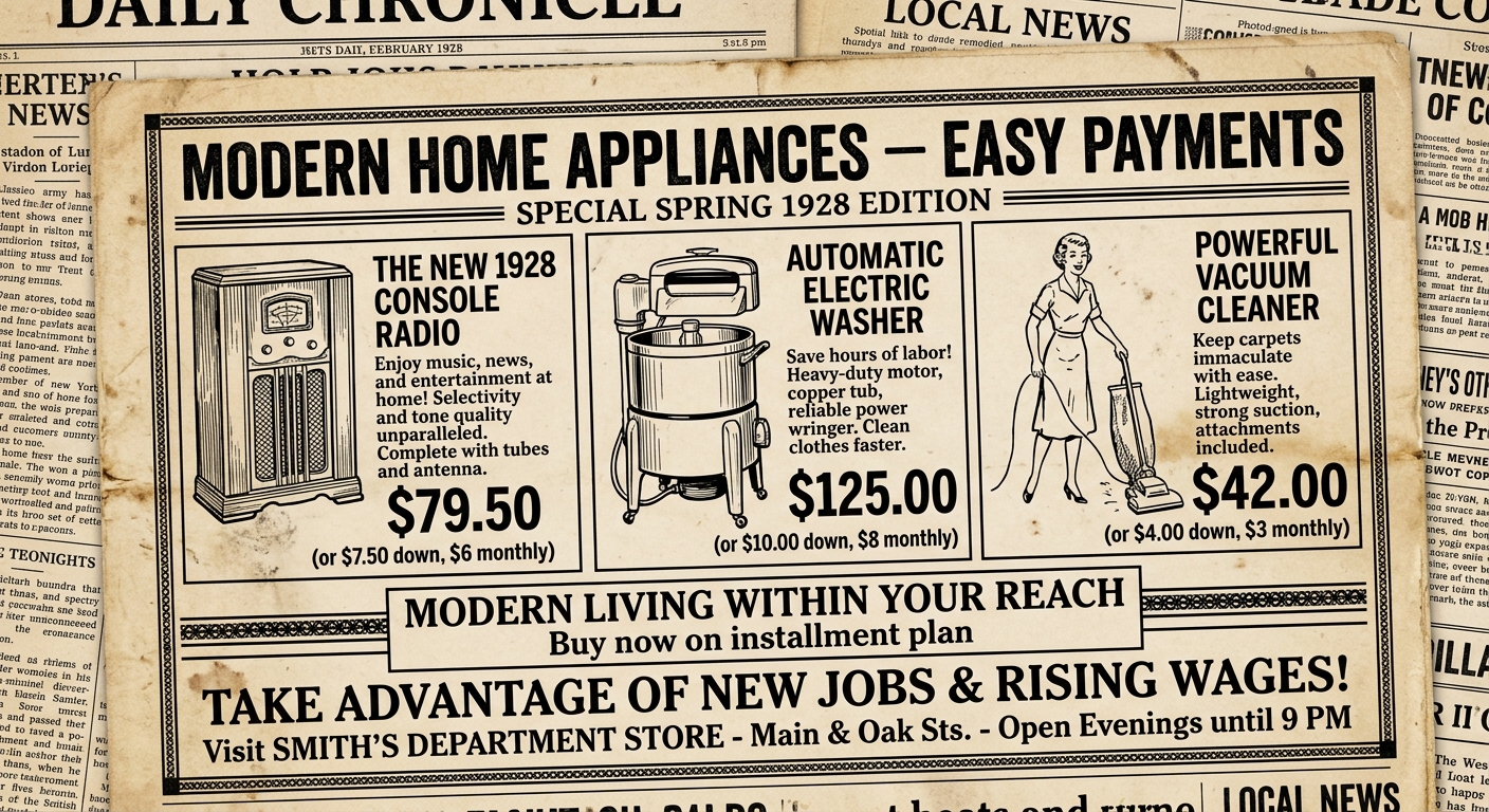 Aged-paper 1928 department store advertisement dated Spring 1928, listing prices for a radio, washing machine, and vacuum with a note about buying on installment payments, suggesting consumer spending during the late Roaring Twenties.
