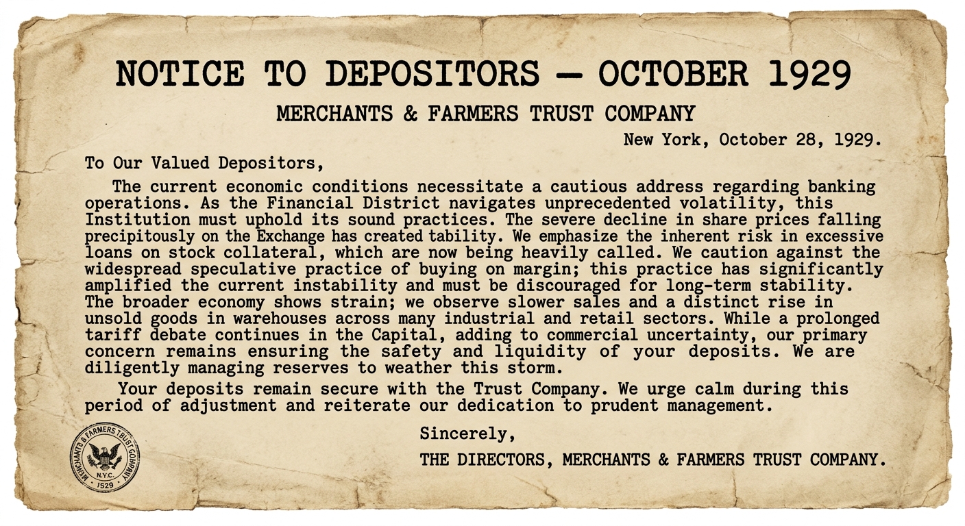 Black-and-white 1929-style bank notice warning about margin loans, falling stock prices, and slowed sales.
