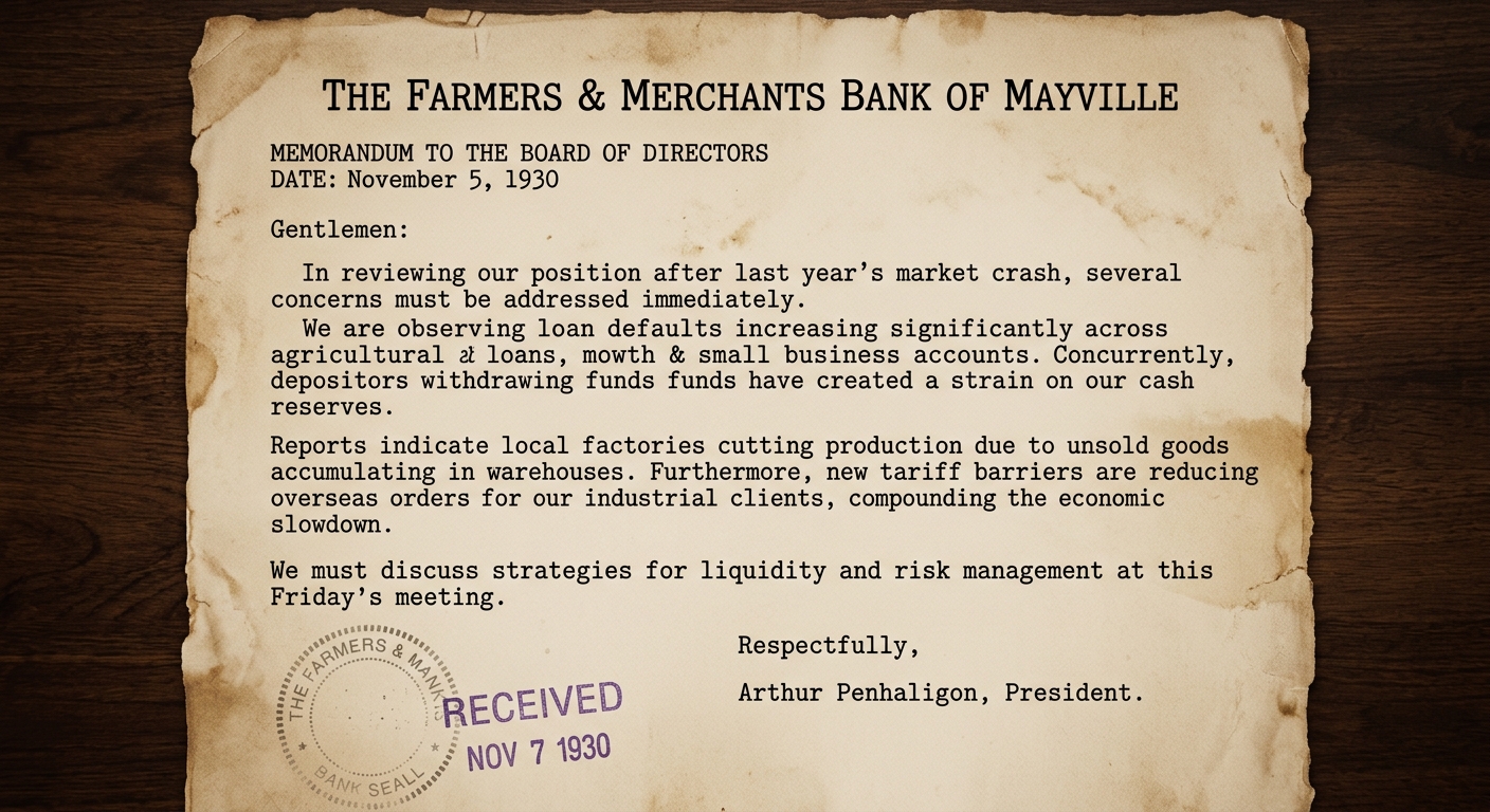 Black-and-white 1930 bank memo referencing the 1929 market crash, rising loan defaults, depositor withdrawals, unsold goods, and tariff barriers.