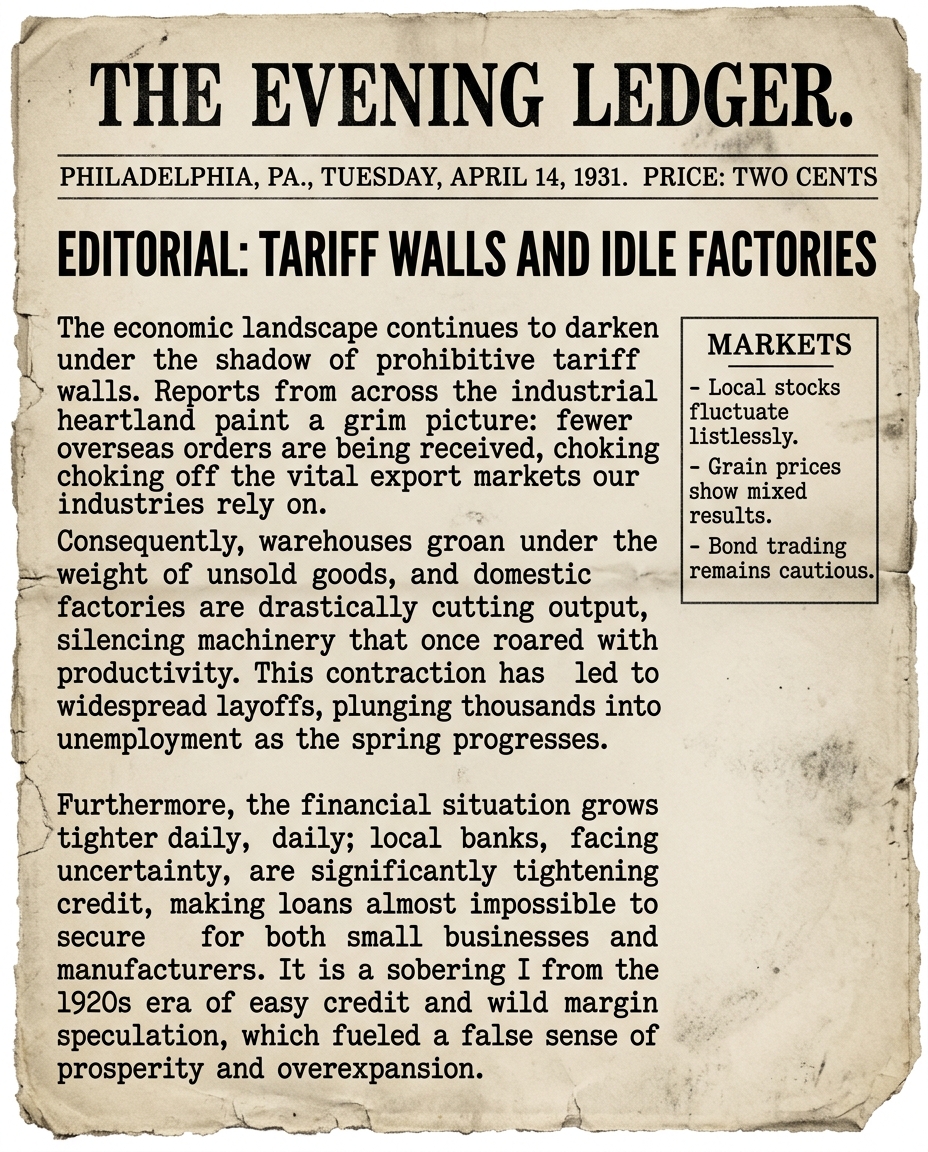 Black-and-white 1931 newspaper editorial criticizing tariffs and describing unsold goods, layoffs, and tighter bank credit.