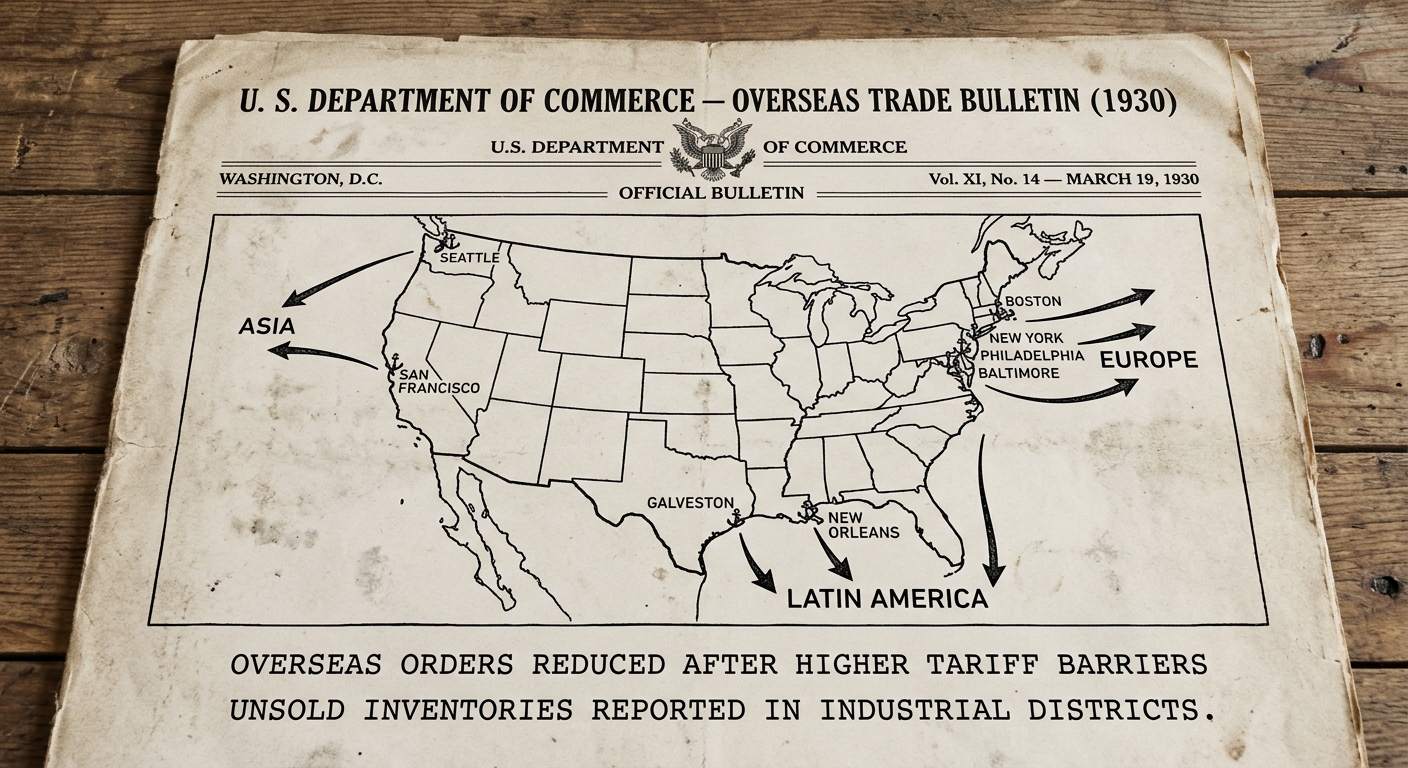Black-and-white 1930 Commerce bulletin map showing U.S. export ports and overseas trade routes, with notes about reduced overseas orders and unsold inventories.