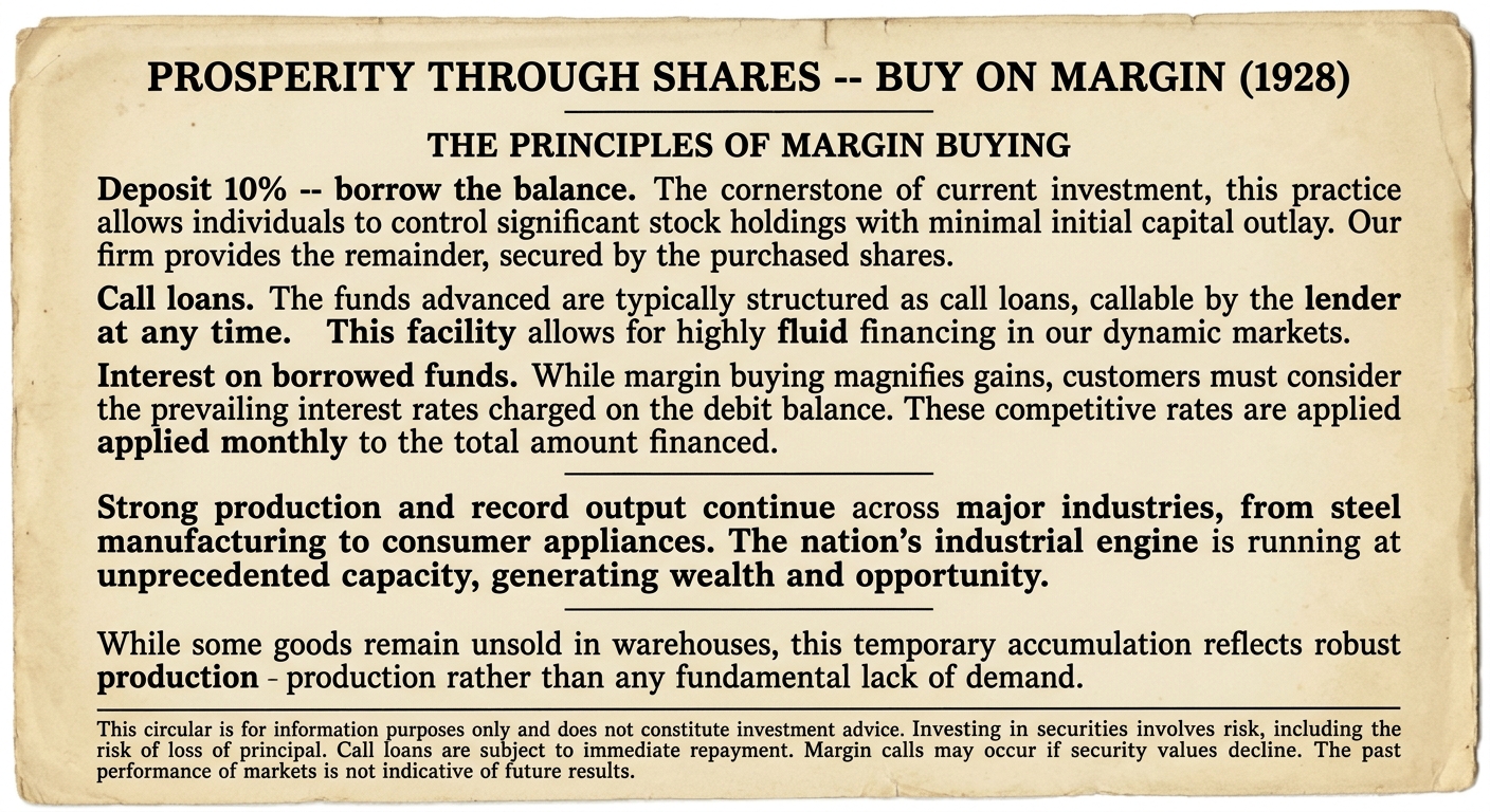 Black-and-white 1928 brokerage circular promoting buying stocks on margin with borrowed money and mentioning strong production and unsold goods.