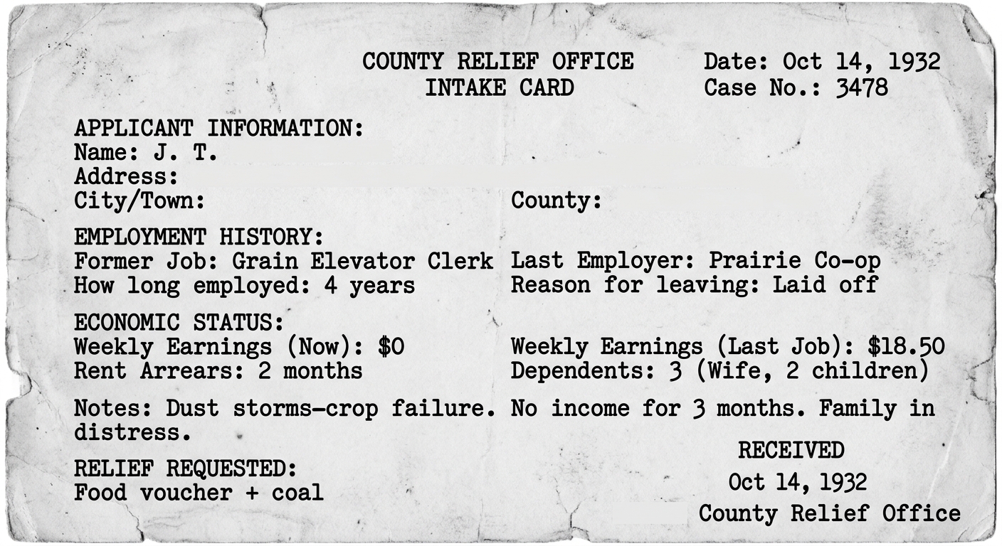 Black-and-white 1932 county relief office intake card showing a laid-off worker, three dependents, two months rent owed, and a note about dust storms and crop failure.
