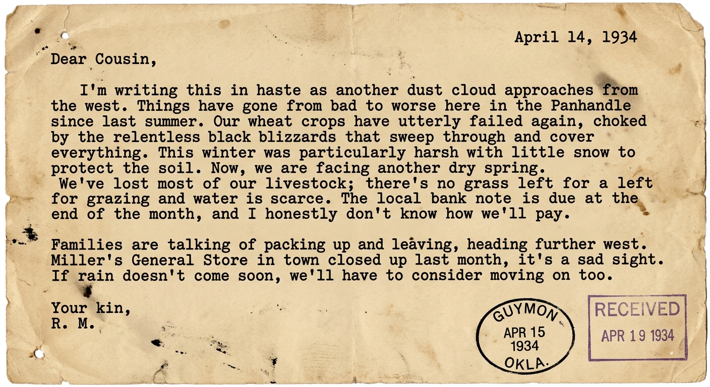 Black-and-white 1934 letter from a Dust Bowl farmer describing dust storms over several months and worsening financial hardship.