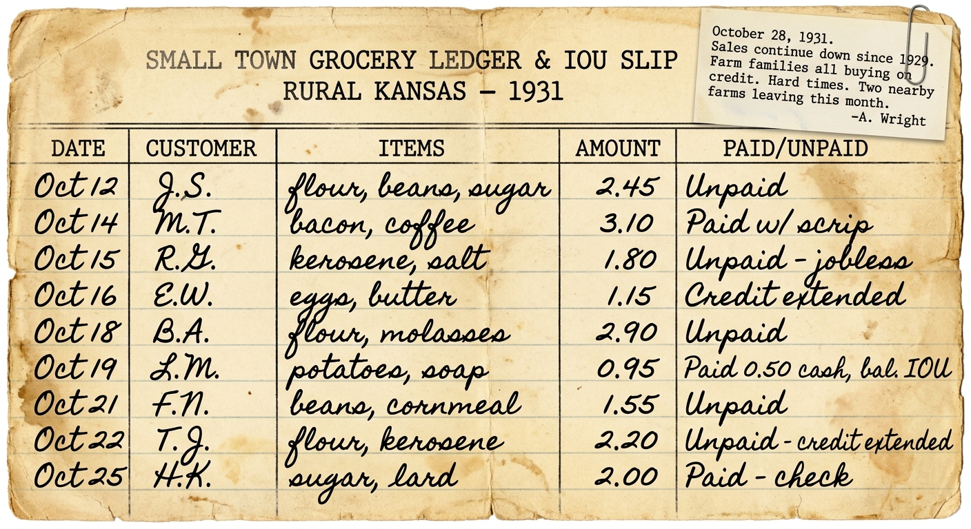 Black-and-white 1931 grocery store ledger showing customers buying basic goods on credit and several unpaid balances.