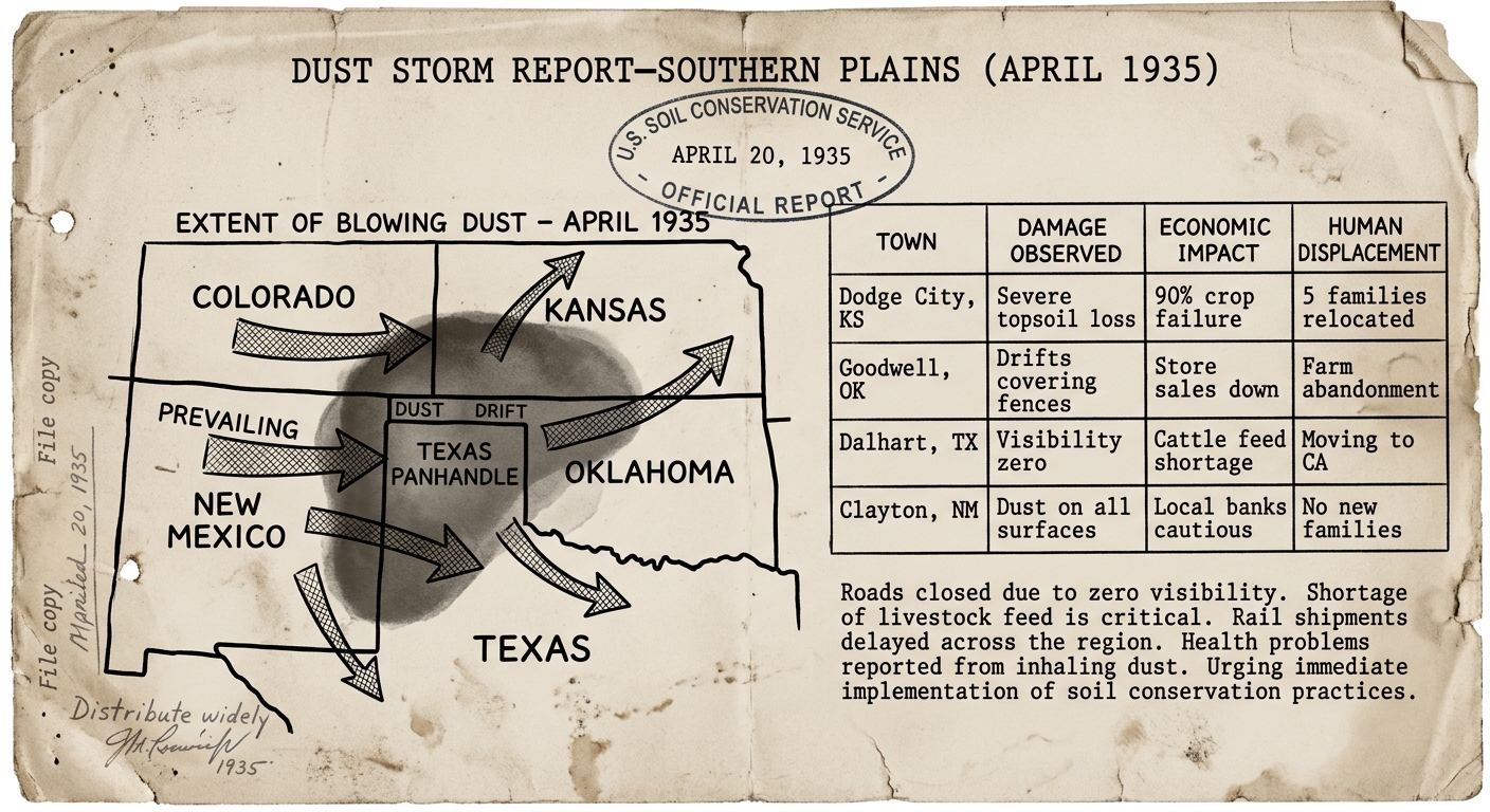 Black-and-white 1935 Dust Storm Report map of the southern Great Plains showing dust movement and notes about crop failure and community impacts.