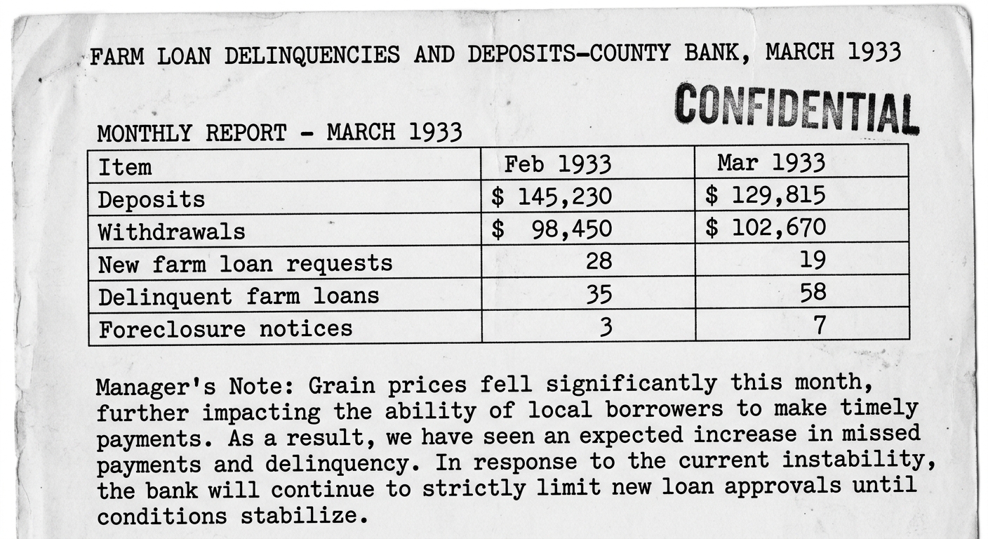 Black-and-white 1933 bank report table showing falling deposits and rising delinquent farm loans and foreclosures.