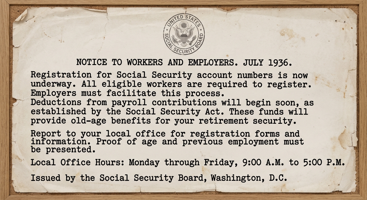 A black-and-white, aged paper notice dated July 1936 titled “Notice to Workers and Employers,” issued by the U.S. Social Security Board. The text explains registering for Social Security account numbers, payroll contributions, and old-age benefits, with local office information.