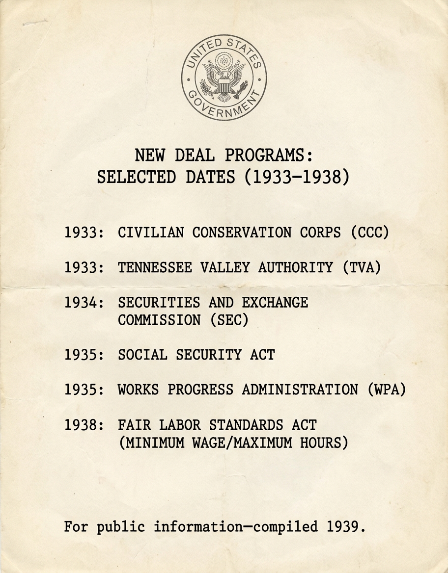 An aged paper bulletin titled “New Deal Programs: Selected Dates (1933–1938)” with a typed list of New Deal programs and their years: 1933 CCC and TVA, 1934 SEC, 1935 Social Security Act and WPA, and 1938 Fair Labor Standards Act.