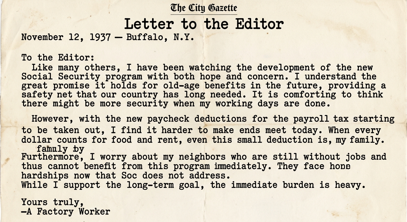 An aged, typed letter to the editor dated November 12, 1937 from Buffalo, New York. The writer discusses Social Security payroll deductions, future old-age benefits, and concerns that it does not help unemployed people immediately. Signed “A Factory Worker.”