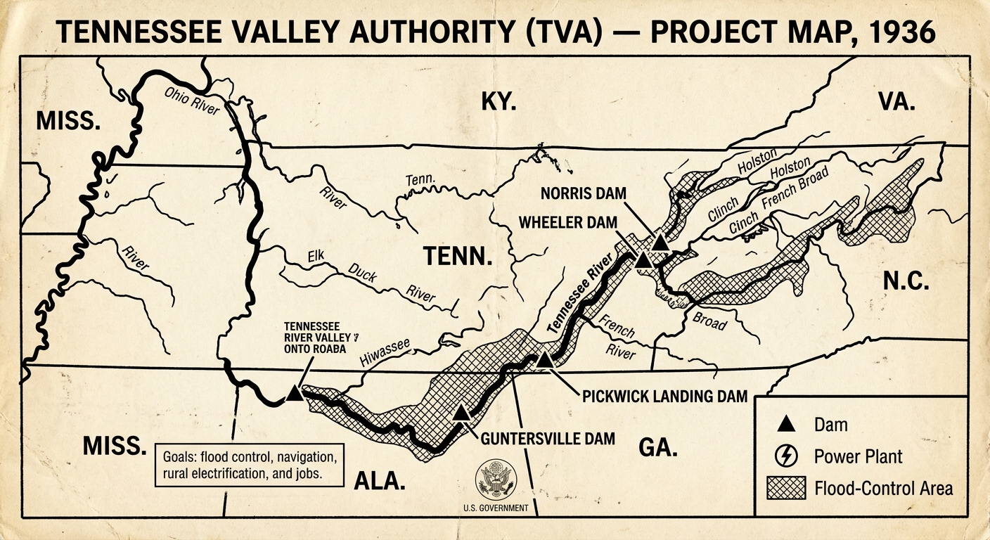 An aged black-and-white map titled “Tennessee Valley Authority (TVA) — Project Map, 1936.” It shows the Tennessee River Valley across parts of several southern states with the river highlighted and several labeled dams. A legend explains symbols for dams, power plants, and flood-control areas, with a caption about TVA goals.