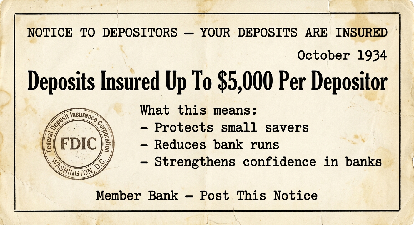 An aged 1934 FDIC bank notice poster stating deposits are insured up to $5,000 per depositor, with a simple seal and bullet points explaining it protects savers, reduces bank runs, and strengthens confidence in banks.