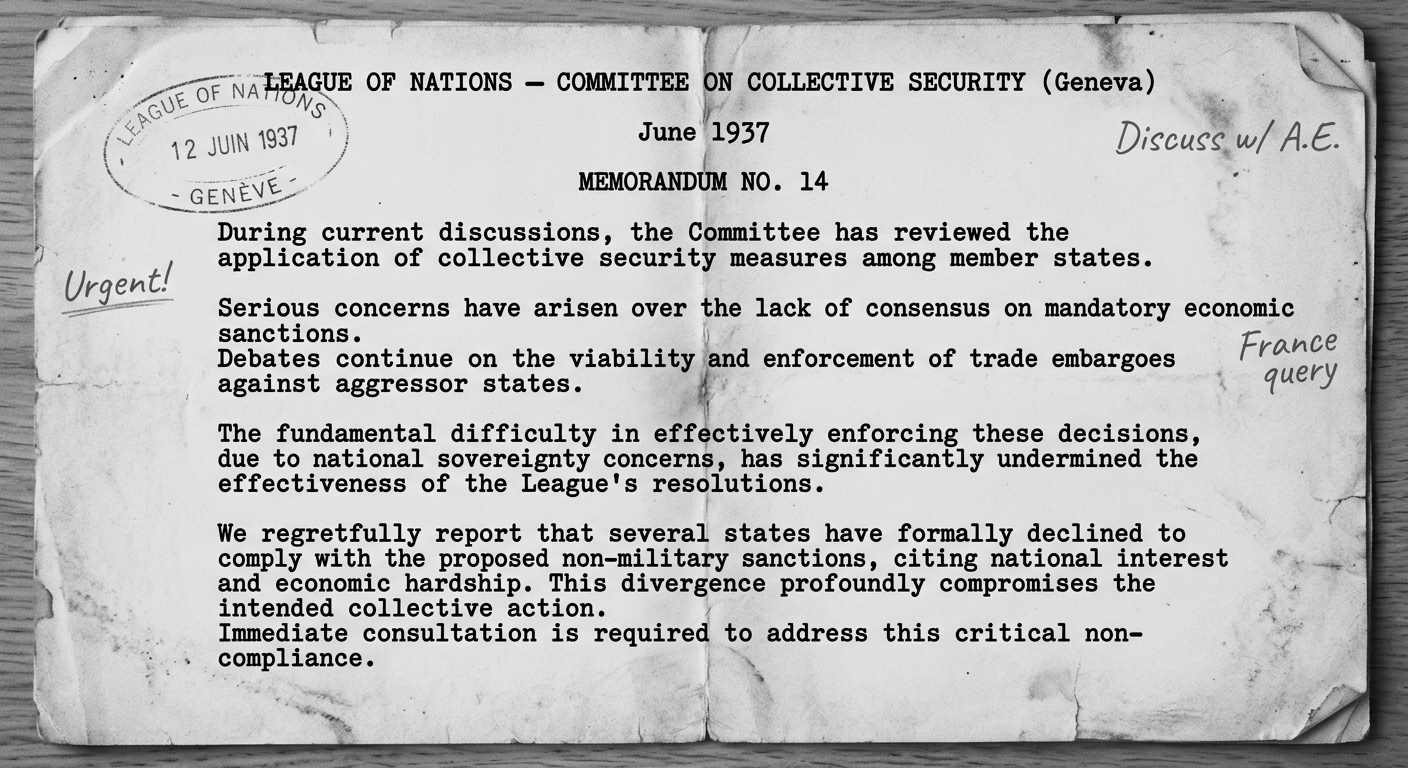 Grayscale scan-style memorandum dated June 1937 with a League of Nations Geneva header and typed notes about sanctions and members not complying, with a faint stamp and pencil marks.